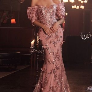 Dusty Rose Off Shoulder Fitted Sequin Gown